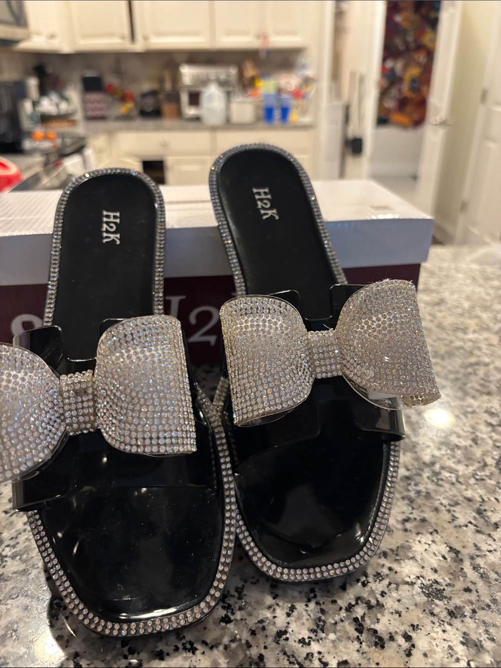 H2K Black Crystal Bow Slide Mules